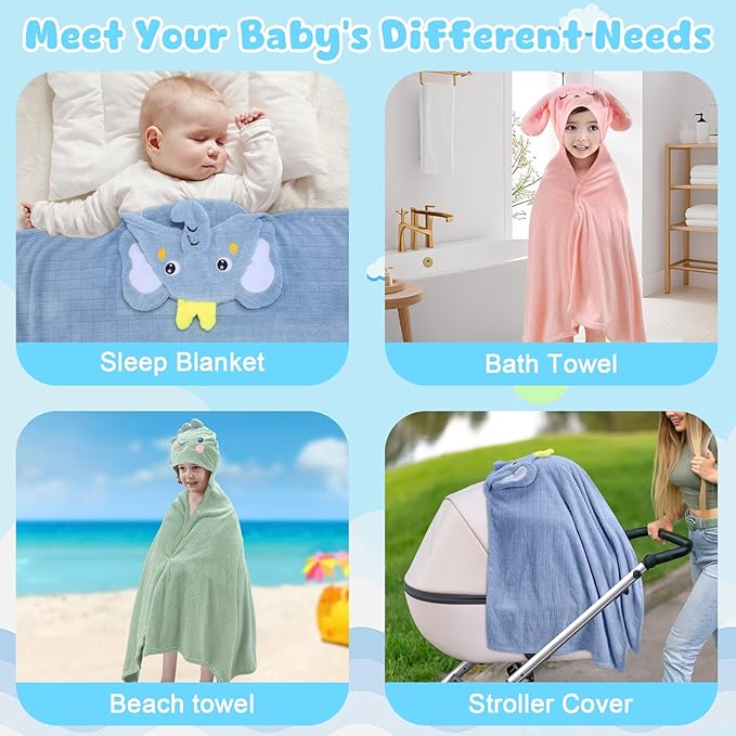 VZZNN 2 Pack Hooded Baby Towels-26 X55 Ultra Soft Baby Bath Towels,Newborn Baby Essentials,Premium Absorbentand Hypoallergenic Towels for Toddler Baby Boy and Girl 0-6 Years(Elephant+Rabbit)
