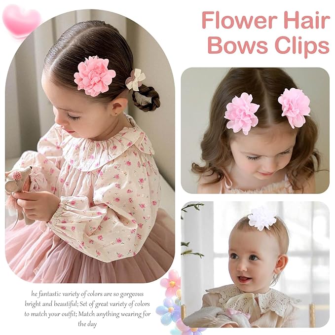 OAOLEER 40pcs 2" Flower Baby Hair Bows Clips, Chiffon Flower Tiny Hair Clips Fine Baby Hair Accessories for Girls Infants Toddlers Set of 20 Pairs