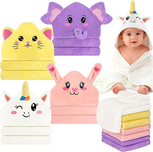 OFUSUY 12 PCS Baby Towels, 4 PCS Soft Hooded Baby Towels & 8 PCS Washcloths, Baby Bath Towels for Newborns, Infants & Toddlers- Coral Fleece, Soft & Ultra Absorbent, Cute Towel Gift for Girls & Boys