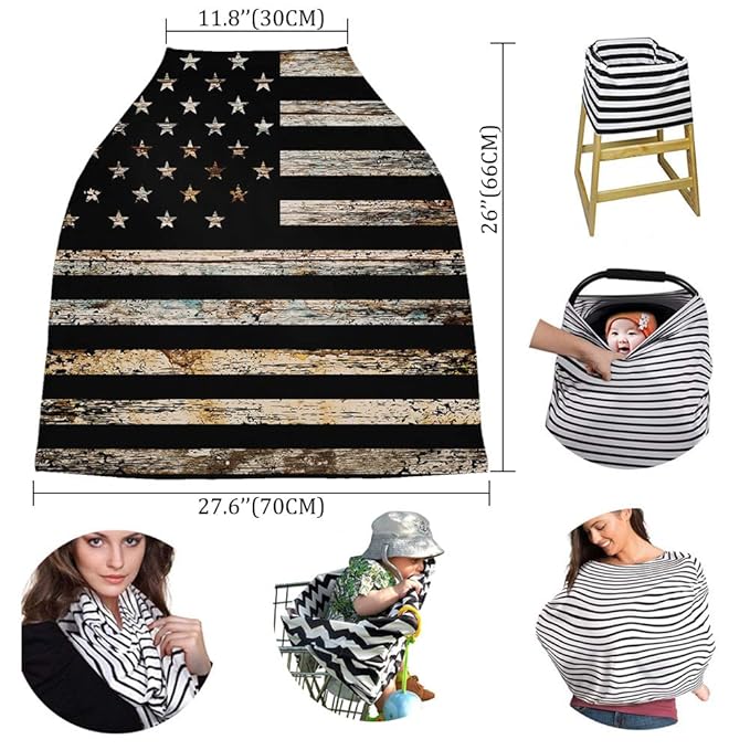 Shabby Chic American Flag on Wooden Grain Baby Nursing Cover for Breastfeeding, Breathable Stretchy Nursing Scarf Carseat Canopy for Boys or Girls Stroller Car Seat Covers Western Farm