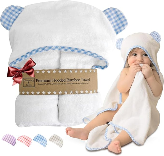 Channing & Yates Premium Organic Hooded Baby Towel and Washcloth Set - Softest Towel with Hood for Newborn - Boy Gift for Baby Shower (Blue)