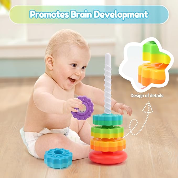 Riuja Baby Spinning Stacking Toys, 1-3 Rainbow Ring Stacker Montessori Toys for Babies, Sensory Toys for Toddlers, Christmas and Birthday Gifts Suitable for Boys and Girls (14 inches)