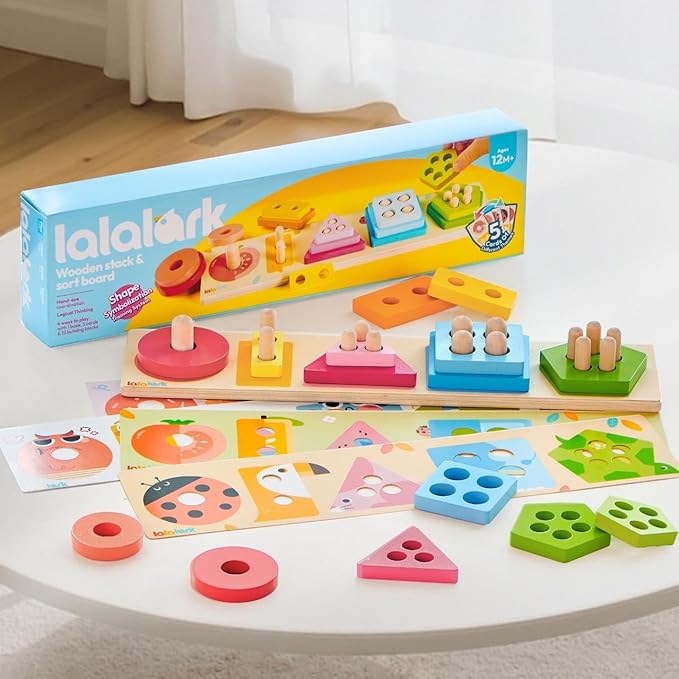 lalalark Montessori Toys for 1 2 3 Year Old, Wooden Sorting & Stacking Toys with 5 Theme Cards, Educational & Learning Sensory Sorter Toys for Toddlers，Boys Girls Easter Valentine Birthday Gifts
