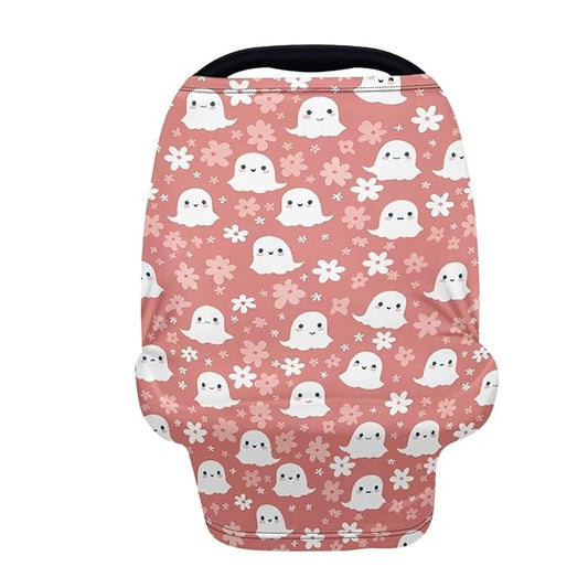 Biyejit Halloween Cute Ghost Baby Boy Girl 5-in-1 Car Seat Cover, Multi-use Privacy Nursing Breastfeeding Cover, Carseat Canopy Carrier Newborn Infant Gift