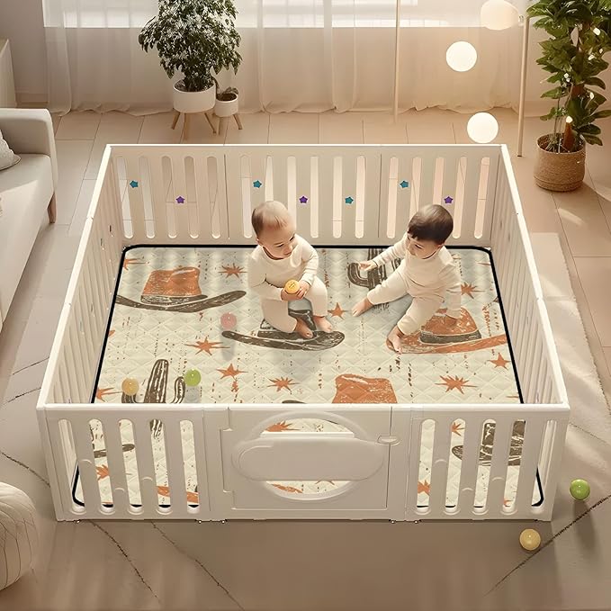 Baby Play Mat Desert Cowboy Hat and Cactus 50 x 50 Playpen Baby Mats for Floor Play Gym Crawling Mat Non-Slip Cushioned Playmat for Infants, Babies, Toddlers