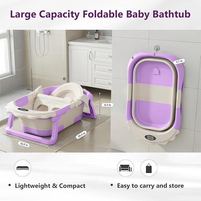 MoreFeel Foldable Baby Bathtub with Thermometer - 4-in-1 Grow-with-Me Collapsible Infant Tub (Newborn to Toddler) with Adjustable Mesh Sling - Space Saving Design