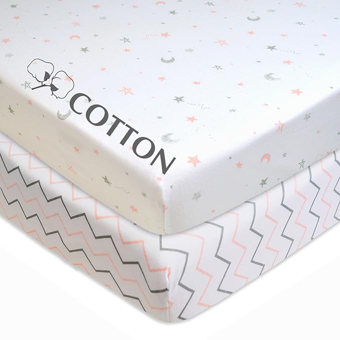 American Baby Company 2 Pack 100% Natural Cotton Fitted Pack and Play Sheets 39" x 27" - Soft & Breathable Pack N Play Sheets for Playard & Mini Crib Mattress, Pink Stars/Zigzag, for Boys & Girls