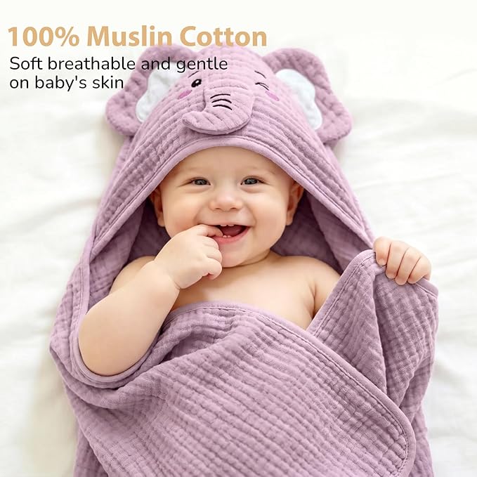 4 PCS Muslin Baby Bath Towels Set, 100% Cotton 2 PCS Animal Hooded Baby Towels 32x32 Inch & 2 PCS Washcloths, Ultra Absorbent & Soft Infant Newborn Essentials Gifts for Boys & Girls, Elephant & Deer