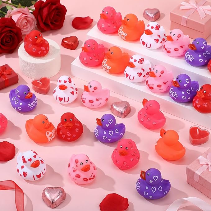 Jerify 12 Pcs 2 Inch Valentine's Day Rubber Duckies Bulk Mini Heart Rubber Ducks for Kids Bathtub Toys Classroom Prizes Birthday Wedding Party Favors Gifts Goodie Bag Fillers, 6 Styles (Colorful)
