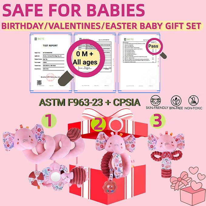 Baby Toys 0-6-12 Months Spiral Car Seat Toy, Infant Stroller Hanging Rattle Stuffed Animal Newborn Girl Boy Gift Easter Basket Stuffers Mirror Pink Elephant 3PCS