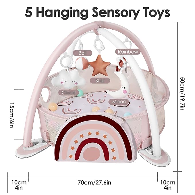 dearlomum 4-in-1 Baby Play Mat Baby Gym, Activity Play Mat for Floor Exercise Gym Ball Pit Including 30 Balls with 5 Infant Learning Sensory Baby Toys for Newborn Toddler Boy & Girl Gifts(Rainbow)