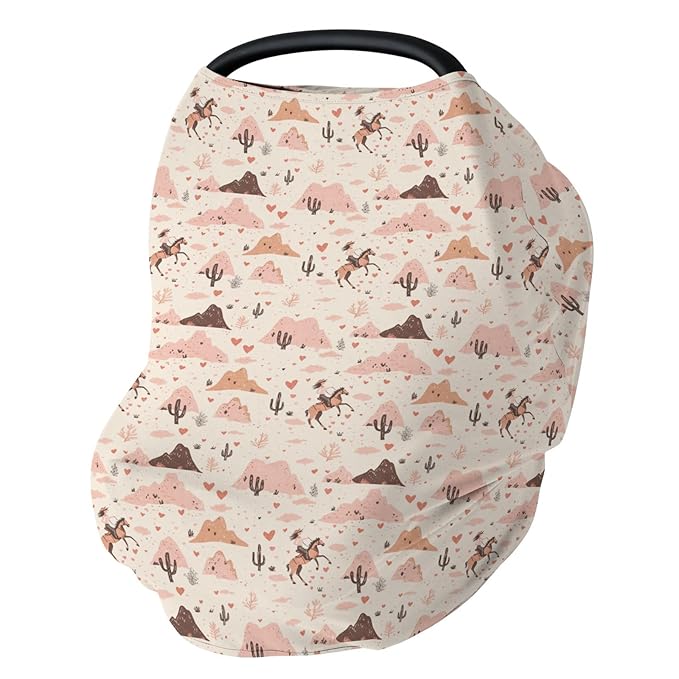 Pink Western Cowgirl Love Baby Car Seat Covers Retro Cowgirl Cactus Horse Stretchy 5-in-1 Cover Adjustable Infant Carseat Canopy Cover Wild Desert Country Breathable Nursing Cover-Up