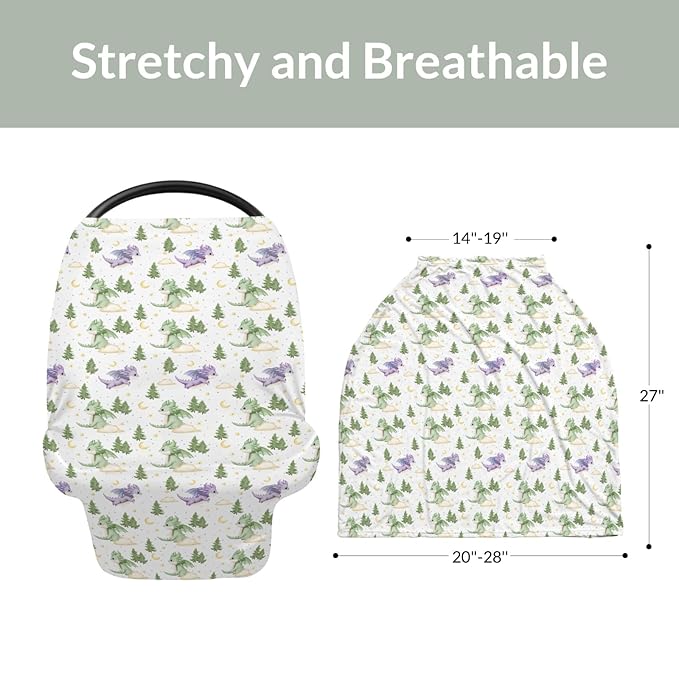 Fantasy Dragons Purple and Green Baby Car Seat Covers Fairytale Dragon Stars Trees Moon Clouds Stretchy 5-in-1 Cover Adjustable Infant Carseat Cover Canopy Cute Animal Breathable Nursing Cover-Up