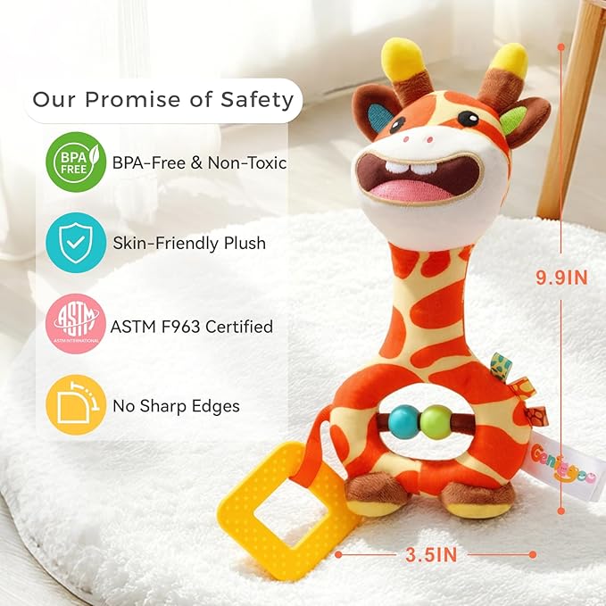 Baby Toy 0-12 Months - BPA-Free Soft Plush Sensory Toy with Gentle Squeaker, Safe Hand Grip & Teething Relief, Portable Newborn Toy for Diaper Bag, Baby Shower Gift (Orange Giraffe)