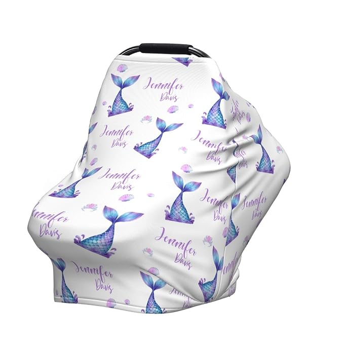 Personalized Baby Car Seat Cover for Girls, Custom Mermaid Nursing Covers for Breastfeeding with Name, Infant Stroller Cover, Baby Carseat Canopy for Newborn, Multiuse Car Seat Canopies