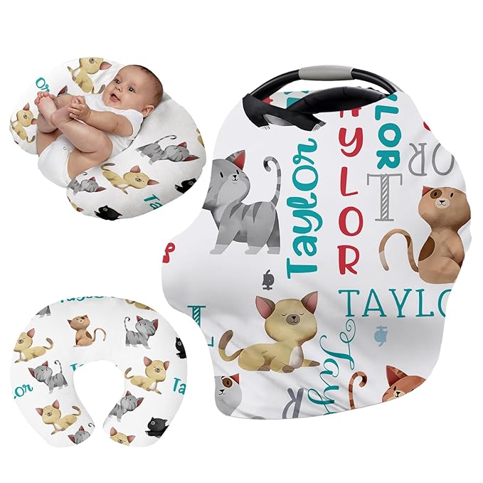 Personalised 7 in 1 Car Seat Cover for Girls and Boys - Multipurpose Breast Feeding White Cat Print Cover, Nursing Cover, Grocery Cart Cover - Birthday Gift for Babies(27"x29")