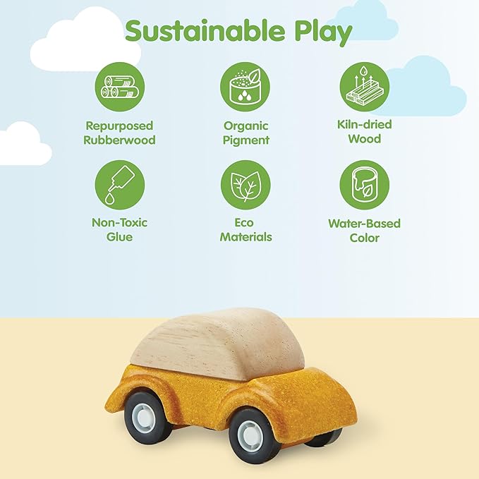 PlanToys® Yellow Car Wooden Montessori Vehicle Toy | Early Movement, Imagination and Practical Life Exploration | Eco Friendly Car for Indoor and Outdoor Play