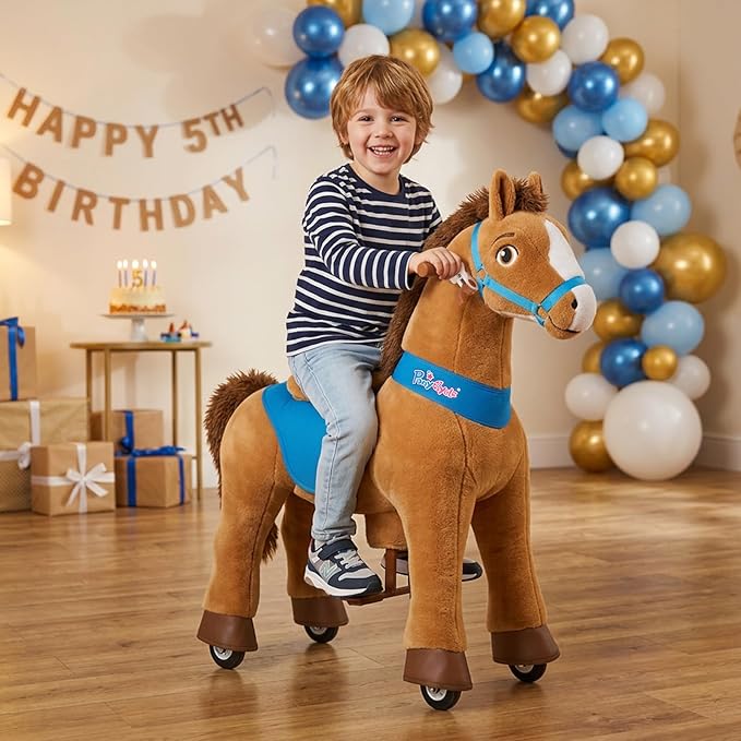 PonyCycle Ride on Toy Riding Horse Ride-on Horse for Toddler Riding Pony Toy (with Brake/ 30" Height/Size 3) Plush Animal Mechanical Pony Rider with Wheels Spirit Toys Birthday Surprise Brown E337