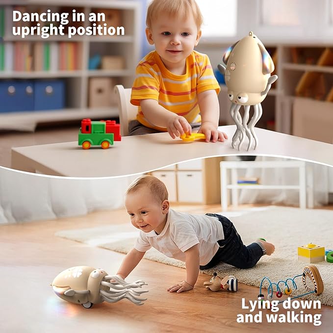 Interactive Dancing Octopus Toy,LED Light-Up Music Crawling Squid with Smart Obstacle Avoidance & Fishing Rod,Tummy Time Baby Toy,Musical Toy for 3 4 5 6 Year Old Boys and Girls(Off-White)