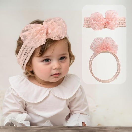 Lace White Bow-knot Baby Girls Headband Birthday Shower Infant Wrap Elastic Flower Baby Turban Hairband for Newborn Infant Toddler Kids (Pink B, Elastic)