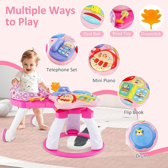 INFANS 3 in 1 Walk Around Baby Activity Center, Baby Walker with Play Table, Wheels, Detachable Seat Cushion, 3 Adjustable Heights, Learning Toys for Boys Girls Aged 6-36 Months (Pink)