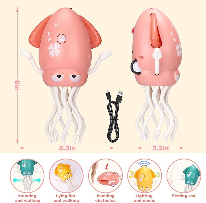 Palksky Dancing Squid Baby Toy in Tummy Time,Magic Electric Octopus Automatic Obstacle Avoidance Toy with Light & Music,Crawling Toys for Learning to Walk,Pink