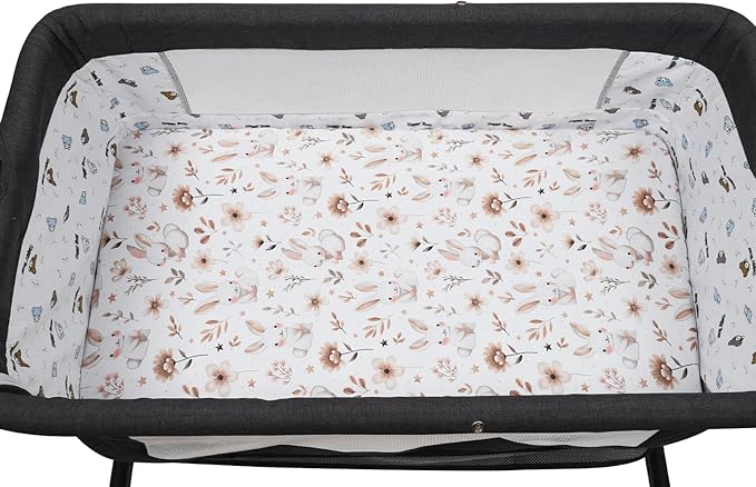 Pack n Play Sheet Stretchy Fitted Portable Mini Crib Sheets Set 2 Pack,Playard Sheets Convertible Playard Mattress Cover,Ultra Soft Jersey Material, Brown & Rabbit