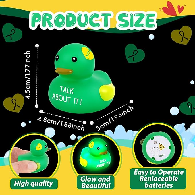 Deekin 24 Pcs LED Light up Mental Health Rubber Duck Mental Health Awareness Items 2'' Green Ribbon Cute Small Rubber Ducks Glow Toy Gifts for Fundraiser Party Supplies