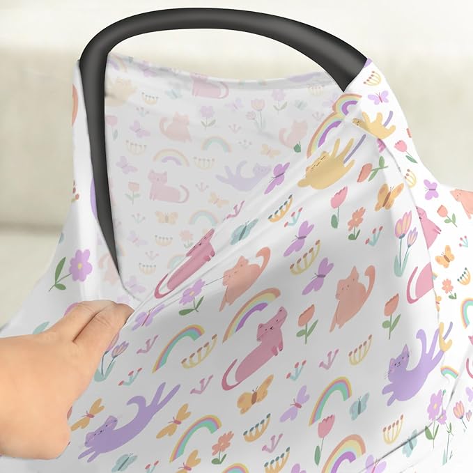 Colorful Cats Rainbow Flowers Baby Car Seat Covers Rainbow Cats Butterflies Stretchy 5-in-1 Cover Adjustable Infant Carseat Canopy Cover Cats Lover Gift Breathable Nursing Cover-Up