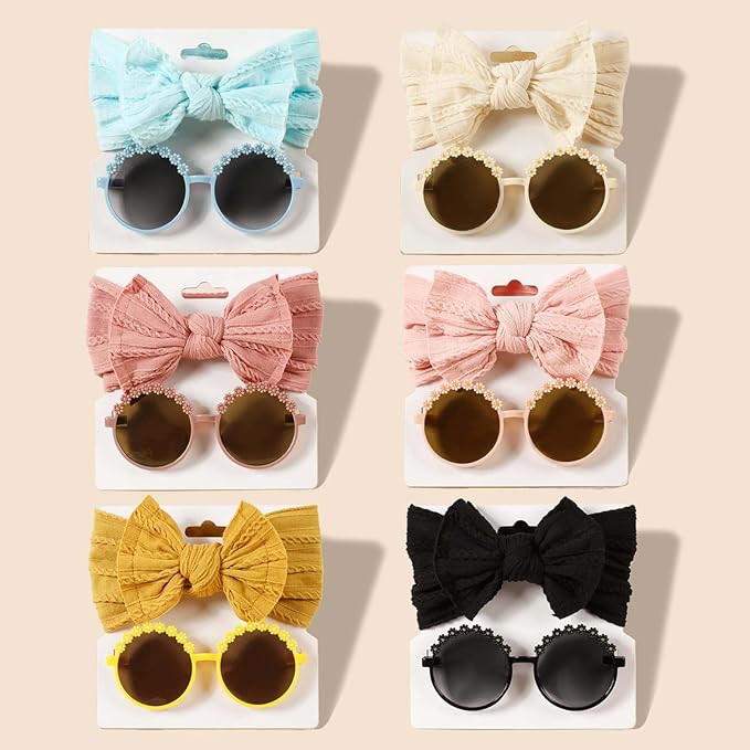 Baby Girls Soft Bows Headband and Daisy Flower Sunglasses Set Hair Bow Headwrap Hair Accessories for Toddler Infant