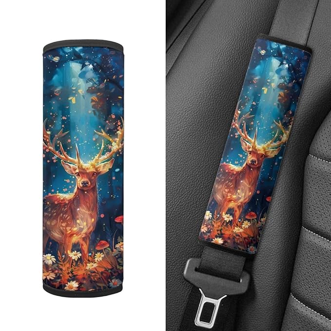 Biyejit Forest Deer Flowers Seat Belt Cushion for Kids, Car Seat Pillow Neck Rest, Travel Pillow for Car Seat, Kids Seatbelt Pillow, Toddler Safety Support Shoulder Flat Pad, Seat Belt Strap Covers