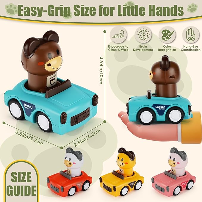 Press to Go Car Toy for 1-3 Year Old Toddler,Animal Push Cars Friction Powered,No Batteries Required, BPA-Free,Easy Clean,Indoor Outdoor Toy for 6-9-12-18 Month,Birthday Gift for 1-2 Boy Girl