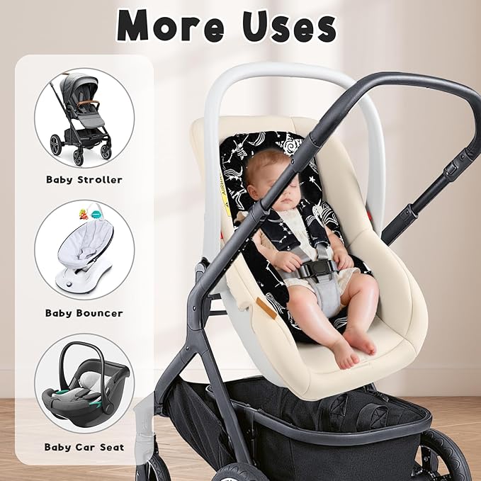 Infant Car Seat Insert Head and Body Support, GFU Reversible Newborn Insert for Carseat with Strap Pads, Soft Stroller Cushion Pillow Insert for Boys and Girls, Fits for Stroller, Swing, Black Star