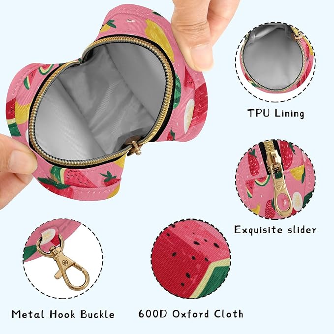 Pacifier Holder with Clip Pacifier Case for Diaper Bag Round Baby Pacifier Pouch Box Bag Portable Pink Watermelon Strawberry and Banana