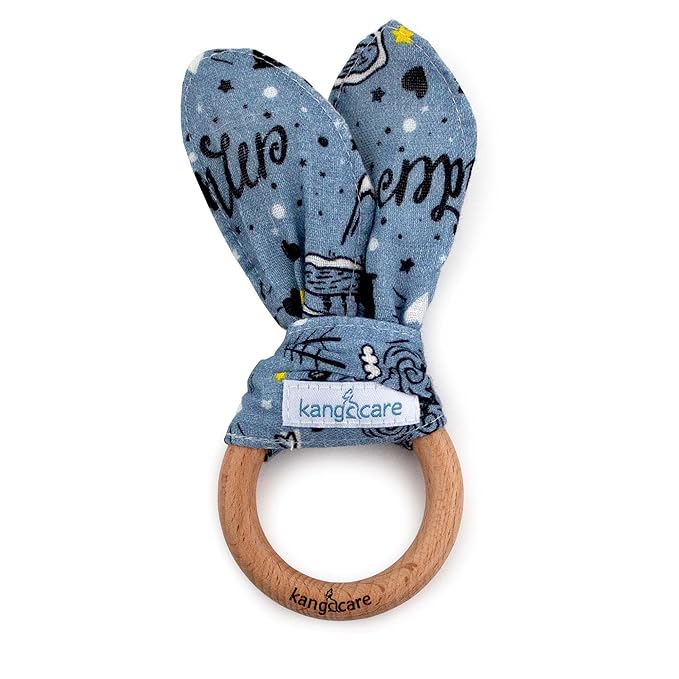 Kanga Care Baby Soft Muslin Sensory Crinkle Bunny Ear Wood Teething Ring - Wander Camping