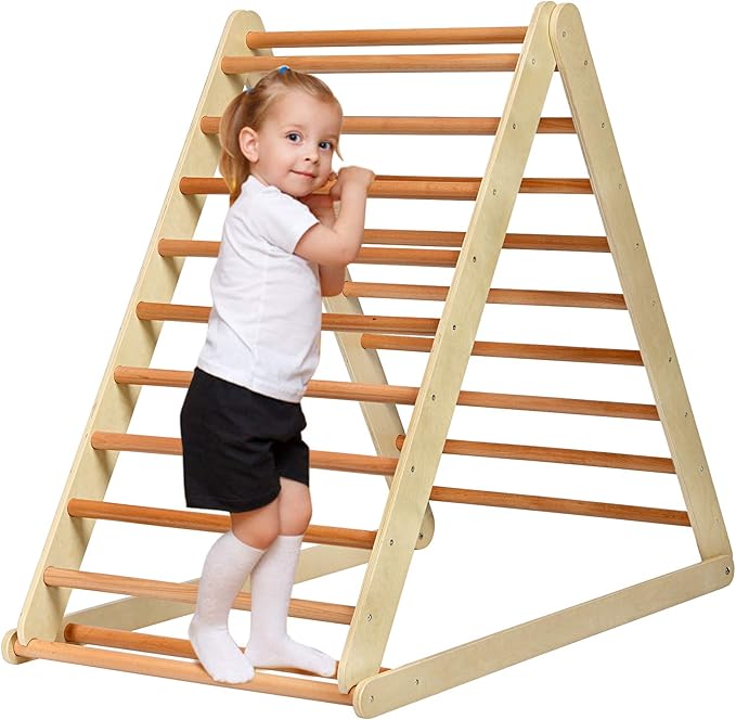 HONEY JOY Triangle Climber with Ramp, 2-in-1 Indoor Toddler Climbing Triangle Set with Ladder & Slide, Foldable Wooden Kids Climbing Toys for Playground, Gym & Daycare, Gift for Boys Girls (Natural)