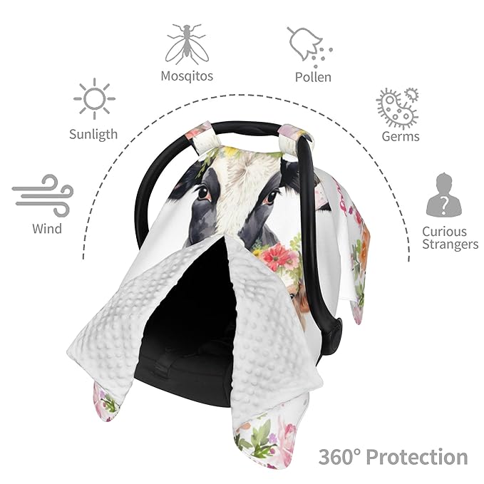Personalized Baby Car Seat Canopy with Name Custom Minky Cow Car Seat Covers Nursing Cover for Breastfeeding Multi-Use Cover Infant Carrier Carseat Winter Cover for Newborn Girls Boys