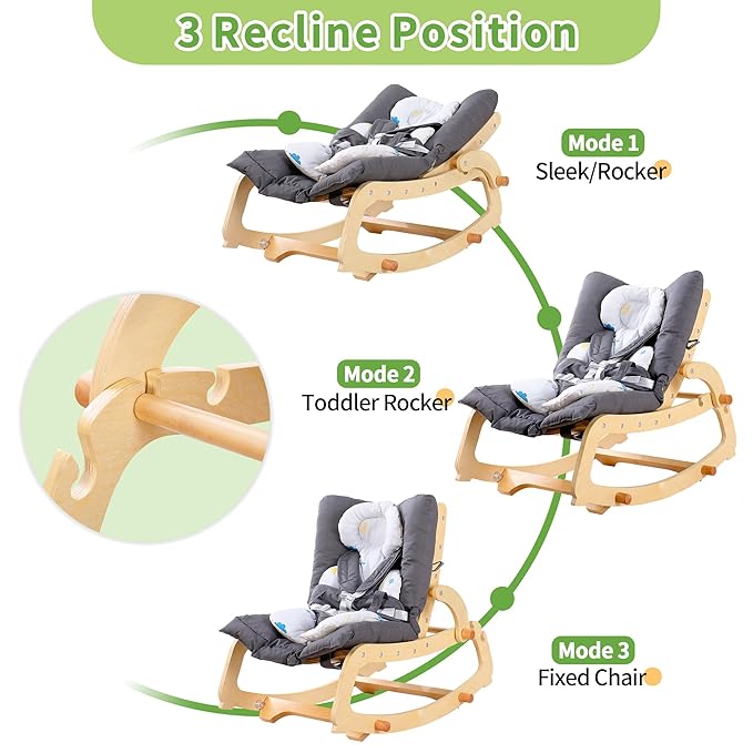 MallBest 3-in-1 Baby Rocker Chair with Double Cushions, for 0-12 Months, Adjustable Wooden Infant Rocker with Removable Cushion and 5-Point Harness for Infant to Toddler（Grey）