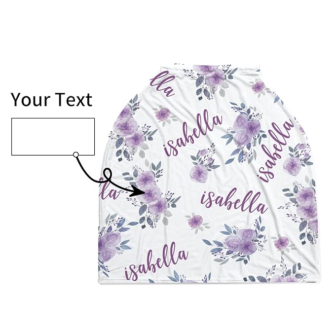 Personalized Baby Car Seat Cover Stroller Canopy: Custom Name Newborn Baby Girl Elastic Purple Flowers Nursing Cover for Moms First Birthday Gift(one Size)
