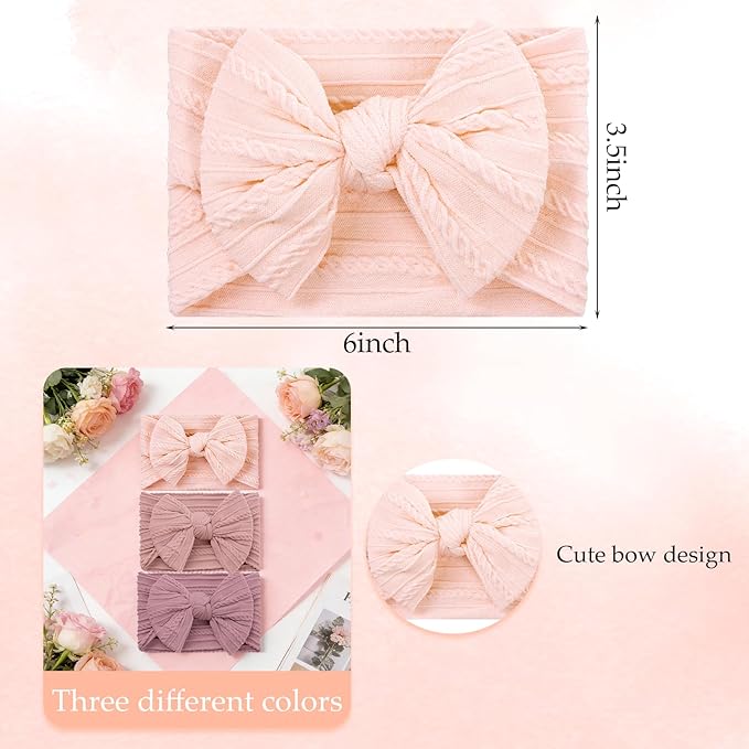 baotongle 3pcs Baby Girls Headbands Soft Stretchy Nylon Hair Bands Hair Accessories with Bows for Newborn Baby Girls Infant Toddlers Kids(Blush Pink,Dusty Rose，Magenta, 5.7inches)