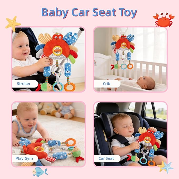 Roadtrip Car Seat Toys for Baby 6-12 Months, Infant Travel Sensory Toys with Clip, Soft Montessori Hanging Plush Toys Wind Chime, Teether, Rattle, Squeaky for Newborn Boy Girl Gifts