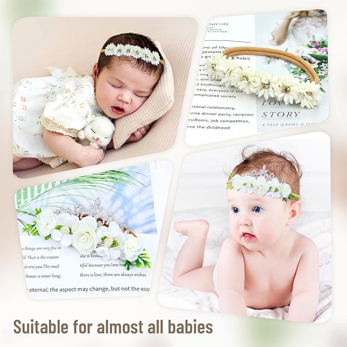 Dizila 6 Pieces Super Soft Stretchy White Ivory Baby Girl Flower Nylon Headbands Floral Hair Accessories for Newborns Infants Toddlers Girls Kids