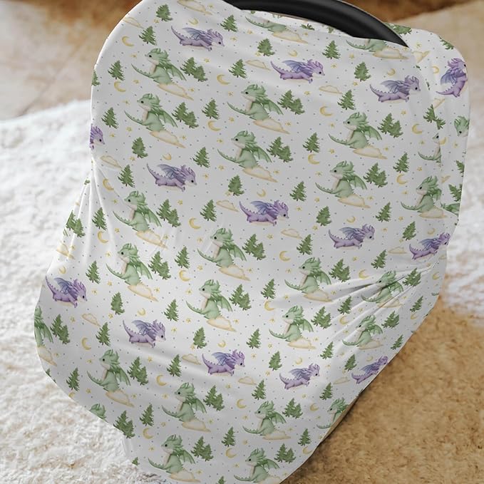 Fantasy Dragons Purple and Green Baby Car Seat Covers Fairytale Dragon Stars Trees Moon Clouds Stretchy 5-in-1 Cover Adjustable Infant Carseat Cover Canopy Cute Animal Breathable Nursing Cover-Up