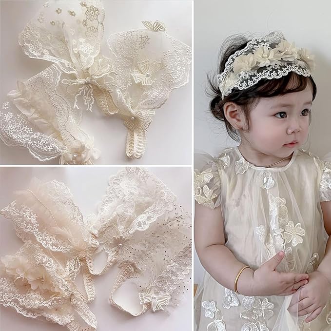 Baby Girls Headband Lacy Bow Pearl Wide Hair Band Turban for Infants Newborn Toddler Floral Ivory Elastic Head Wrap Breathable Sun Bonnet Hair Accessories (Ivory E)