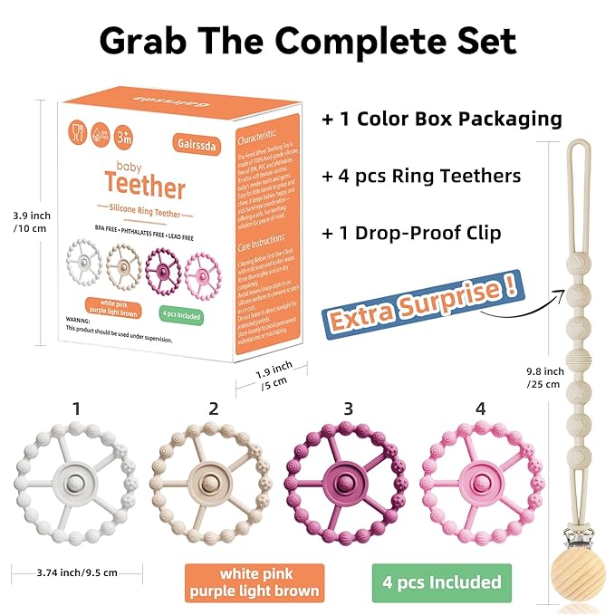 5 Pack Stylish Silicone Baby Teething Toys: 4 Teething Rings and Extra Silicone Clip, Teething Rings for Babies 0-6 Months 6-12 Months, Toddler Teether, Baby Essentials Girl, Infant Teething Relief