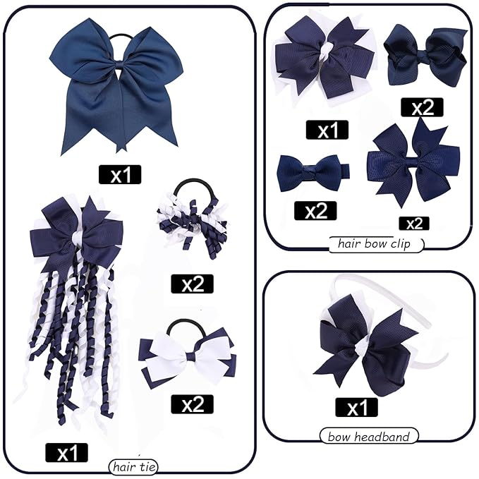 School Hair Accessories Set 14 Pcs Uniform Hair Bow Headband Clips Hair Ties Curly Korker Bows for Little Toddler School Girls (Navy&White)