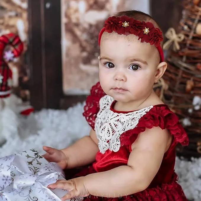 Baby Girl Flower Headbands for Christmas, 3pcs Elastic Nylon Floral Hair Band, Bows Wrap for Infant Newborn Toddler