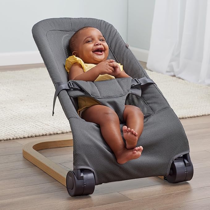 Giggle Bounce Deluxe Folding Baby Bouncer Seat and Lounger (Slate Grey) Wood Grain Base, Adjustable Recline, Portable Folding Design - Ideal Baby Rocker, Swing, Lounger & New Born Baby Gift 0-6 Months