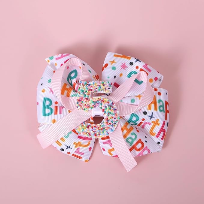 3.5in Glittery Happy Birthday Ribbon Hair Bow Clips for Teens Toddler Girls Pink Sprinkle Confetti Ice Cream Party Dress Pigtail Decoration Accessories for Kids 5th Birthday