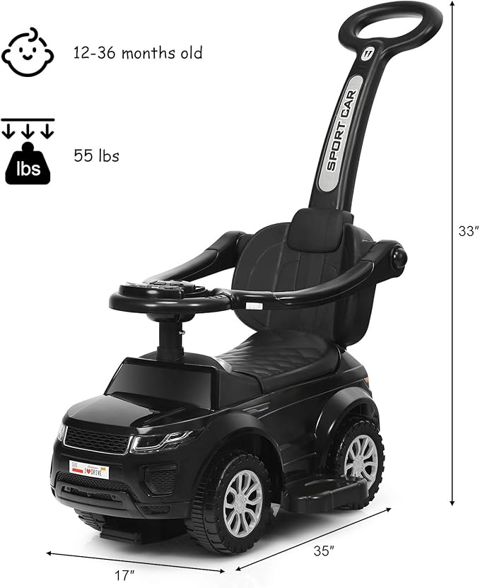 GLACER Push Cars for Toddlers 1-3, 3-in-1 Kids Sliding Car with Detachable Guardrail, Horn, Music, Lights, Storage Box and Anti-Roll Design, Ride on Push Car for Boys Girls (Black)